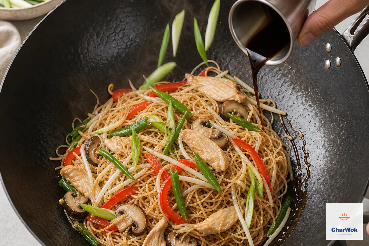 Combined soy-oyster sauce is poured around the hot wok rim over loose rice vermicelli, chicken, bell pepper, shiitake, bean sprouts and scallion greens