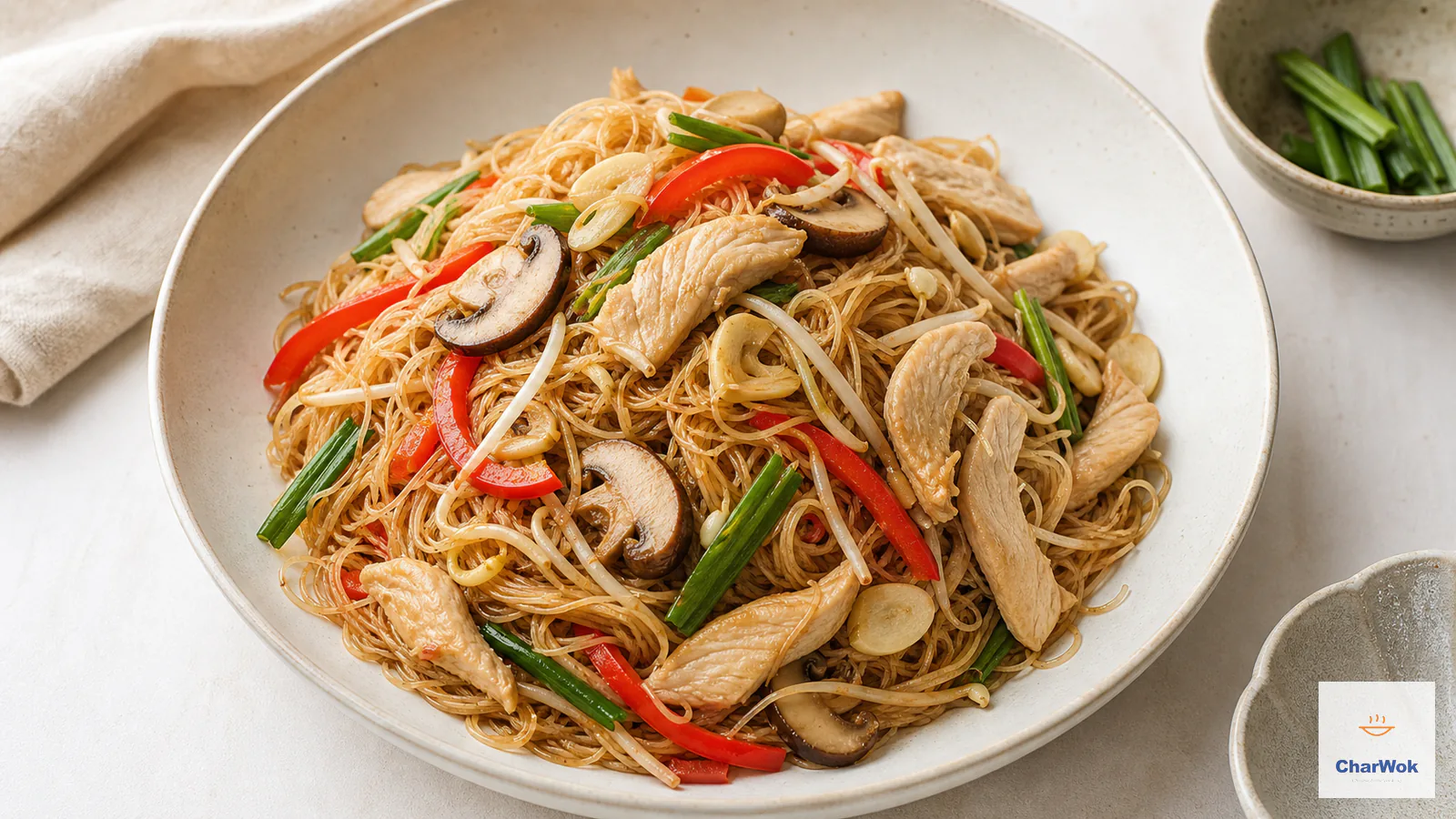 Chow mei fun with chicken and crisp vegetables