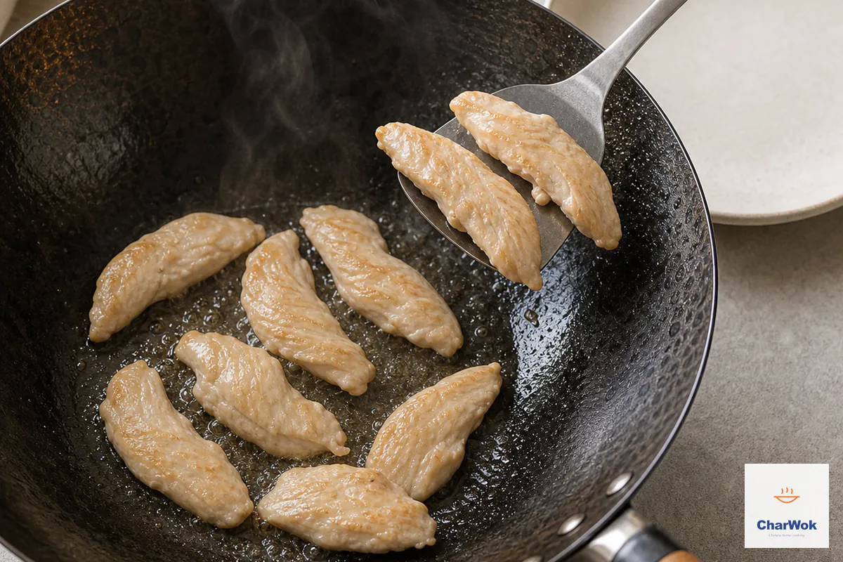 Velveted chicken breast slices sear in one uncrowded wok layer and are lifted out when pale golden and just opaque