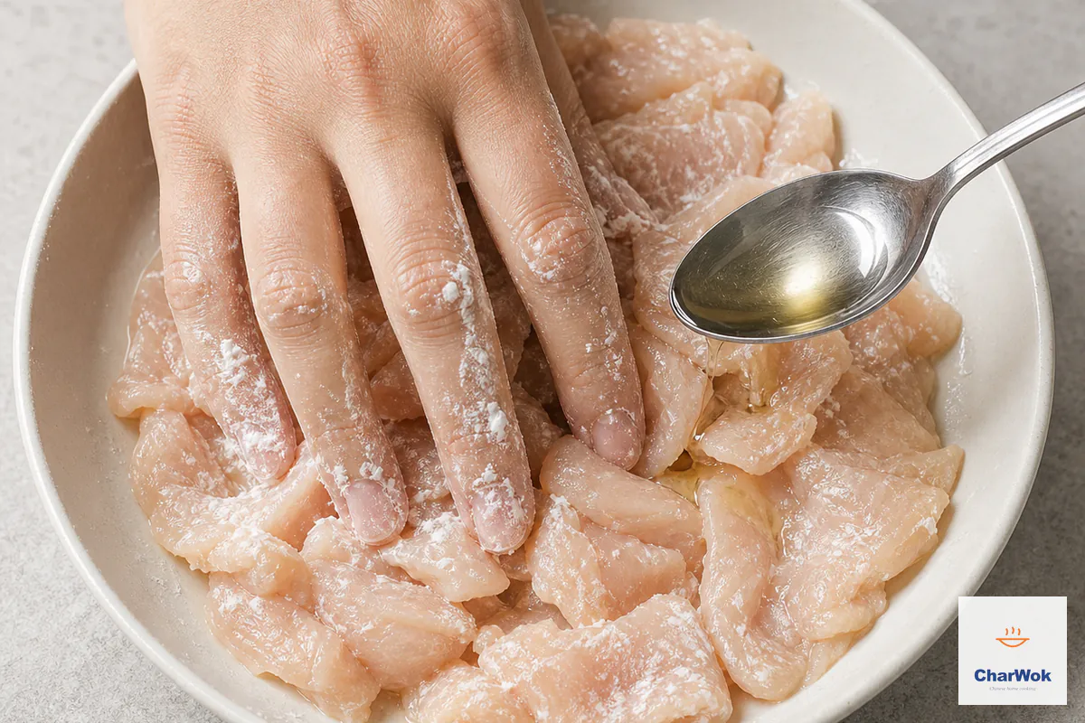 Thin raw chicken breast slices are rubbed with cornstarch, salt and Shaoxing wine until frosted with no pooled liquid, then sealed with a teaspoon of oil