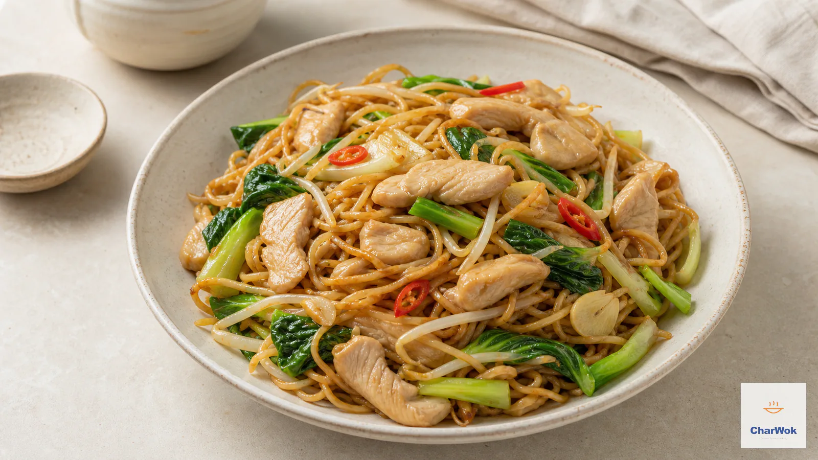 Chicken chow mein with egg noodles, bok choy and bean sprouts