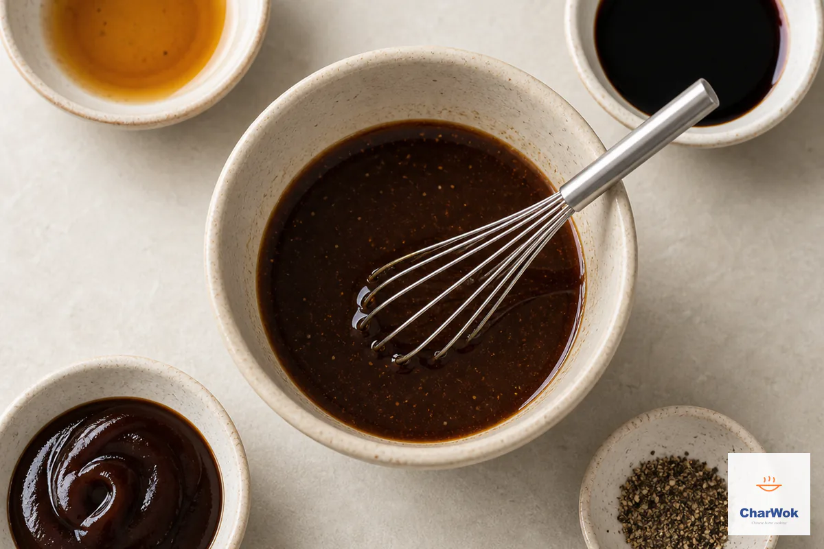 Light soy sauce, dark soy sauce, oyster sauce and black pepper are stirred into one smooth brown chow mein sauce