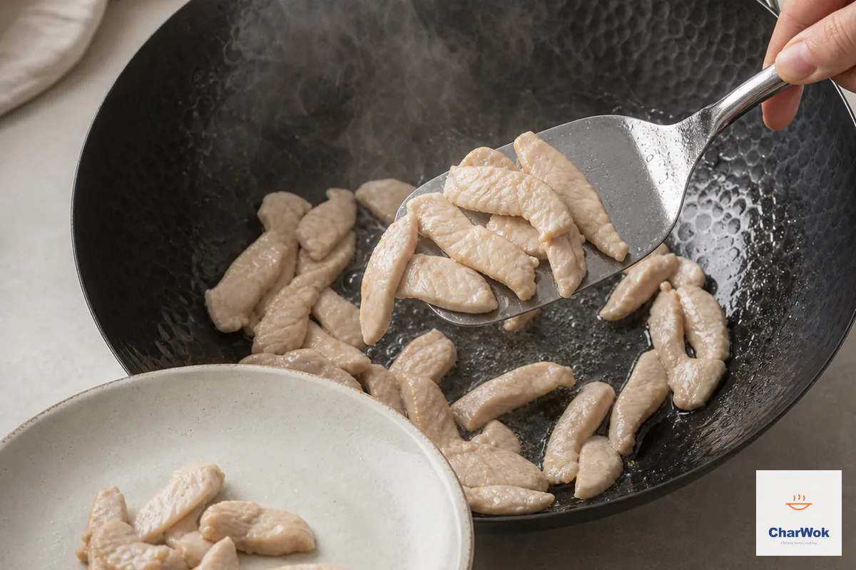 Velveted chicken strips briefly sear in one wok layer before moving to a clean plate as an explicitly undercooked intermediate step