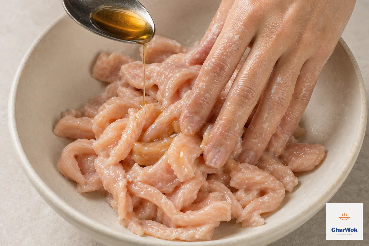 Thin raw chicken strips have absorbed cornstarch, salt and water with no pooled liquid while toasted sesame oil is added last