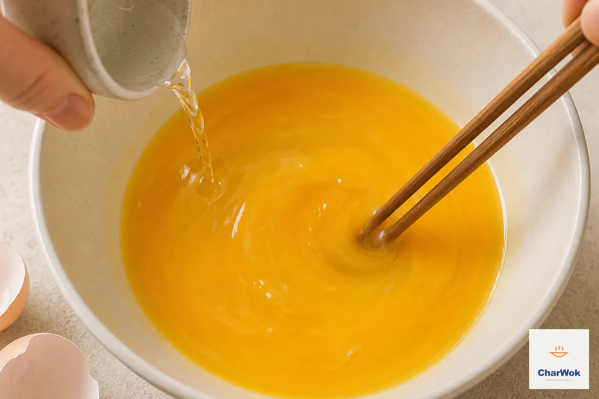 Two tablespoons of water are poured into three eggs while chopsticks blend them into a smooth thin mixture without foam