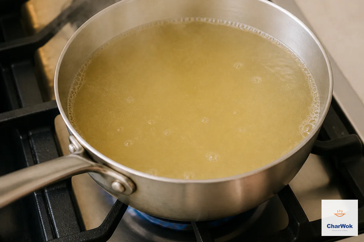 Clear light-golden chicken broth has been lowered from a full boil to sparse perimeter bubbles over a low flame