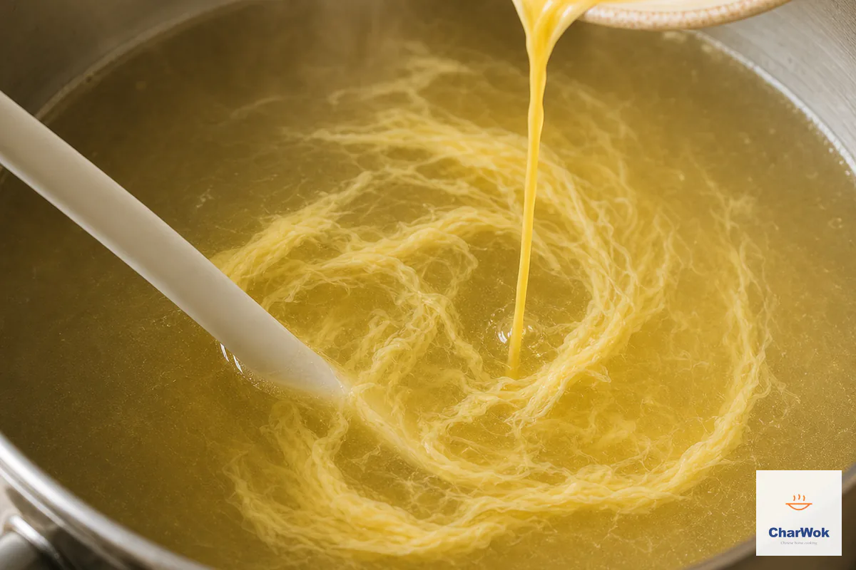 Thinned egg pours from about ten centimeters in a narrow stream while slow one-direction stirring forms long silky ribbons in barely trembling broth