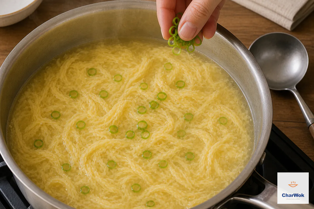 The heat is off and settled silky egg ribbons are sprinkled with sliced scallion after resting ten seconds without stirring
