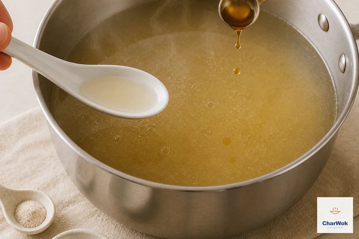A few drops of amber sesame oil season clear broth beside pale white pepper and salt while a clean spoon checks the taste