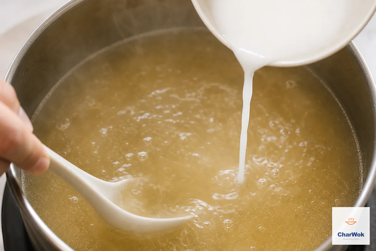 Smooth cornstarch slurry pours in a narrow stream as the simmering broth is stirred and remains fluid with a slight gloss