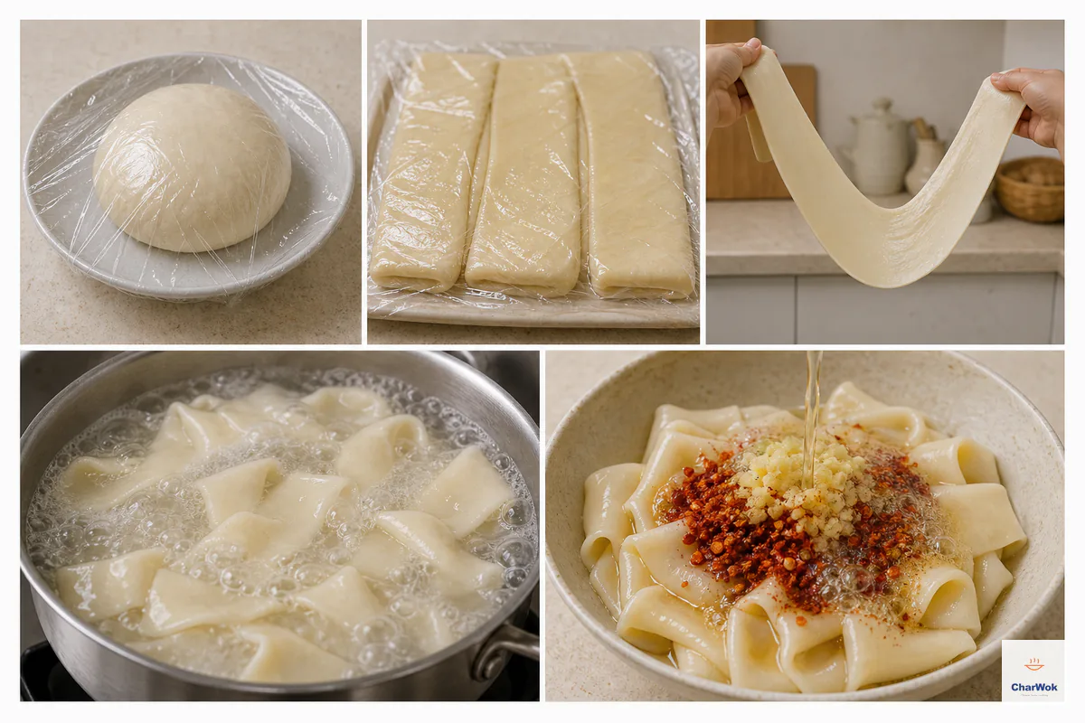 Five frames show covered rested dough, oiled dough strips under wrap, one wide noodle stretched intact, broad noodles boiling freely, and hot oil bubbling over chili, garlic and ground Sichuan pepper