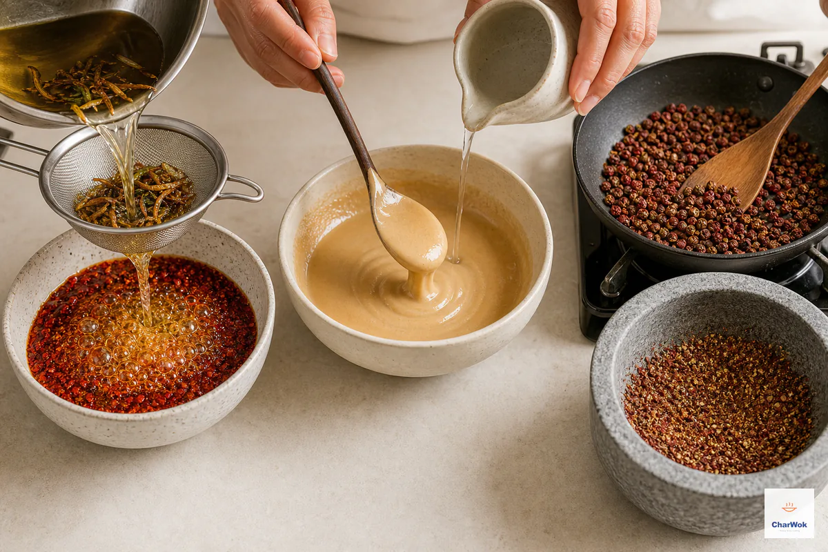 Three stations show aromatic oil strained over coarse red chili flakes, sesame paste loosened into a smooth ribbon, and whole reddish Sichuan peppercorns toasted beside freshly ground pepper