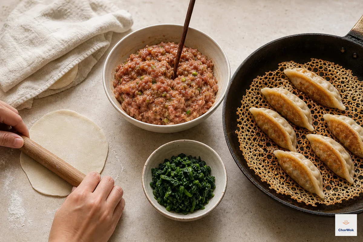 A dumpling wrapper is rolled thinner at the rim beside covered dough, cohesive pork filling holds a chopstick upright beside squeezed greens, and six potstickers share one dry golden honeycomb skirt