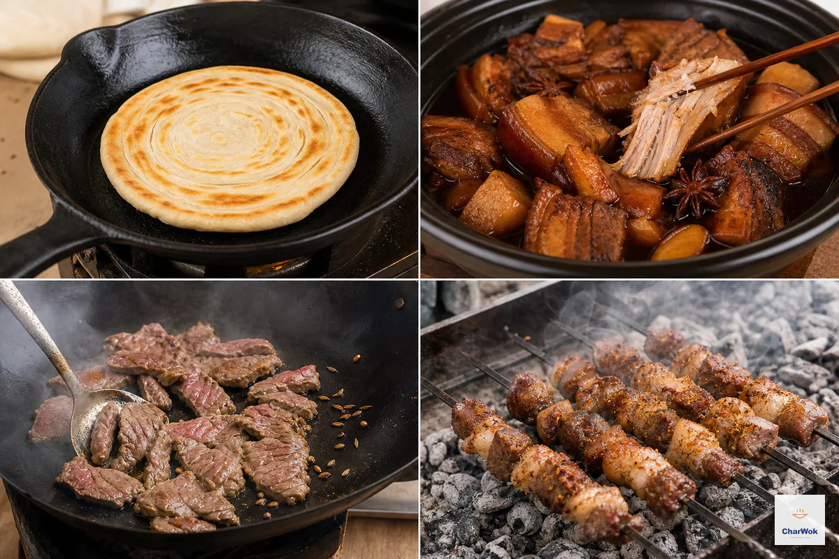 Four scenes show layered Bai Ji Mo cooking in a dry skillet, glossy pork belly braising until pull-apart tender, lamb slices searing in an uncrowded wok, and cumin lamb skewers over ash-covered charcoal