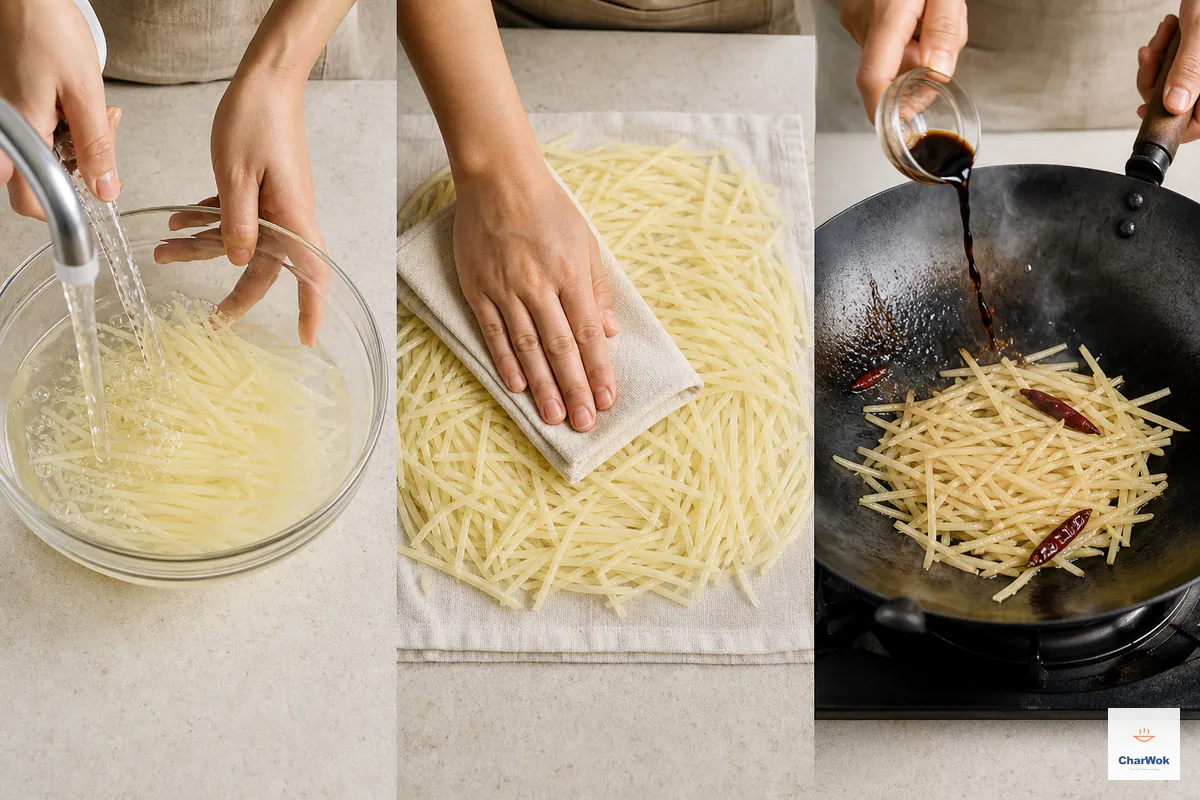 Three frames show uniform potato matchsticks rinsed in clear cold water, patted completely dry, and flash-fried with dried chilies while black vinegar hits the bare hot wok wall