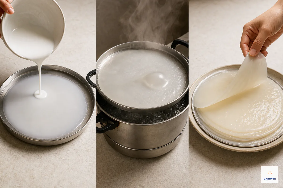 Three frames show thin wheat batter poured into an oiled flat pan, a translucent Liang Pi sheet rising in one large steam bubble, and the cooled intact sheet peeling from the pan