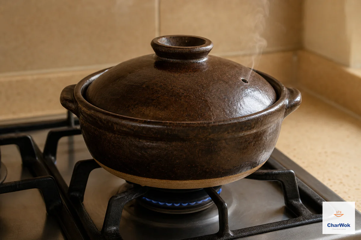 A tightly closed dark-brown clay pot cooks over the lowest steady blue gas flame with only a restrained wisp leaving the lid vent