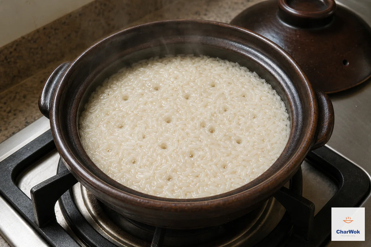 Jasmine rice simmers uncovered in a dark-brown clay pot with the liquid level even with the grain surface and small steam holes bubbling through