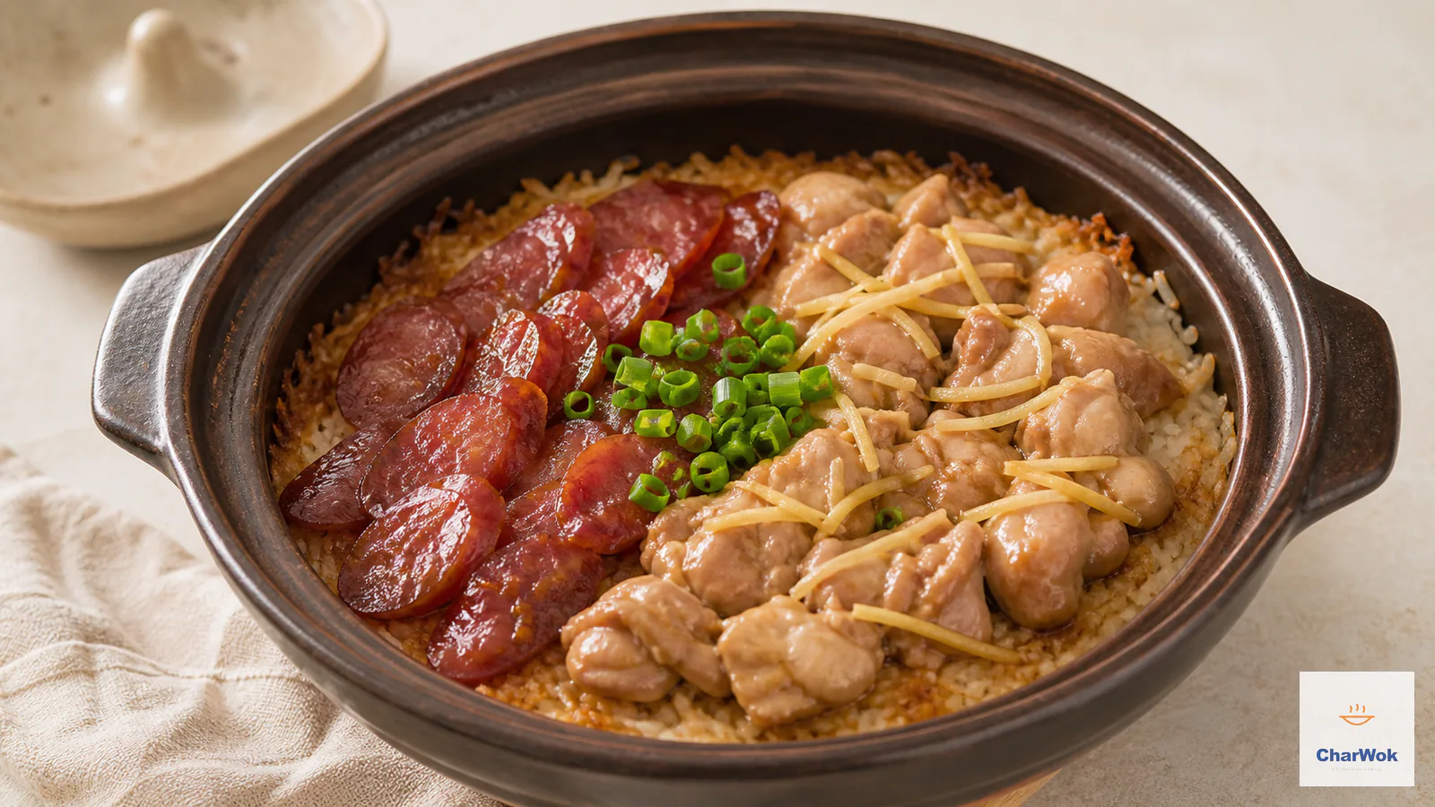 Clay pot rice with lap cheong, ginger chicken and golden crust