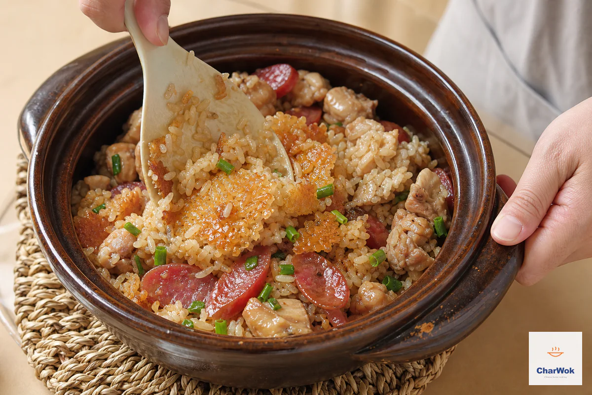 A serving spoon scrapes the clay-pot base and folds dry golden rice-crust shards through sauced long-grain rice, lap cheong, ginger chicken and scallion