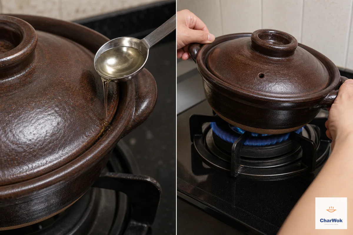 Two panels show one tablespoon neutral oil entering the exact lid-and-pot seam and the closed clay pot tilted slightly so one side wall faces a medium gas flame