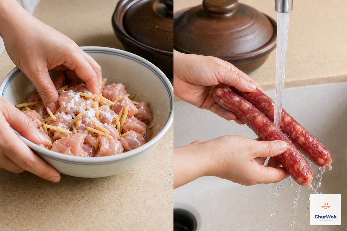 Two panels show bite-size raw chicken thigh tossed with ginger and a thin cornstarch marinade, and exactly two whole lap cheong rinsed under hot water