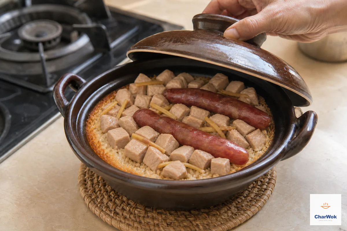 The clay pot sits off the burner on a trivet as its lid lifts to reveal two whole sausages, boneless chicken cubes and an even golden amber rice crust with no black char