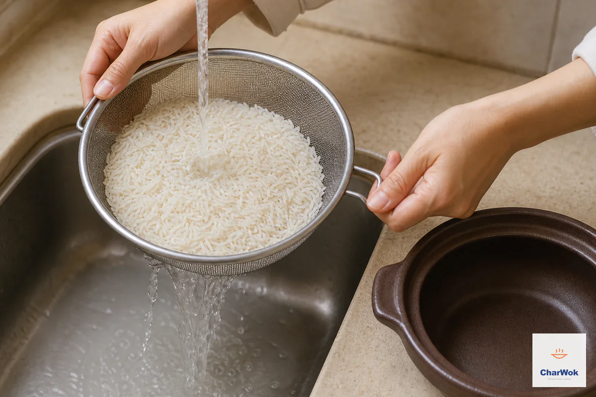 Long-grain jasmine rice drains in a fine-mesh sieve under cold water while the runoff is only faintly cloudy and an empty clay pot waits beside it