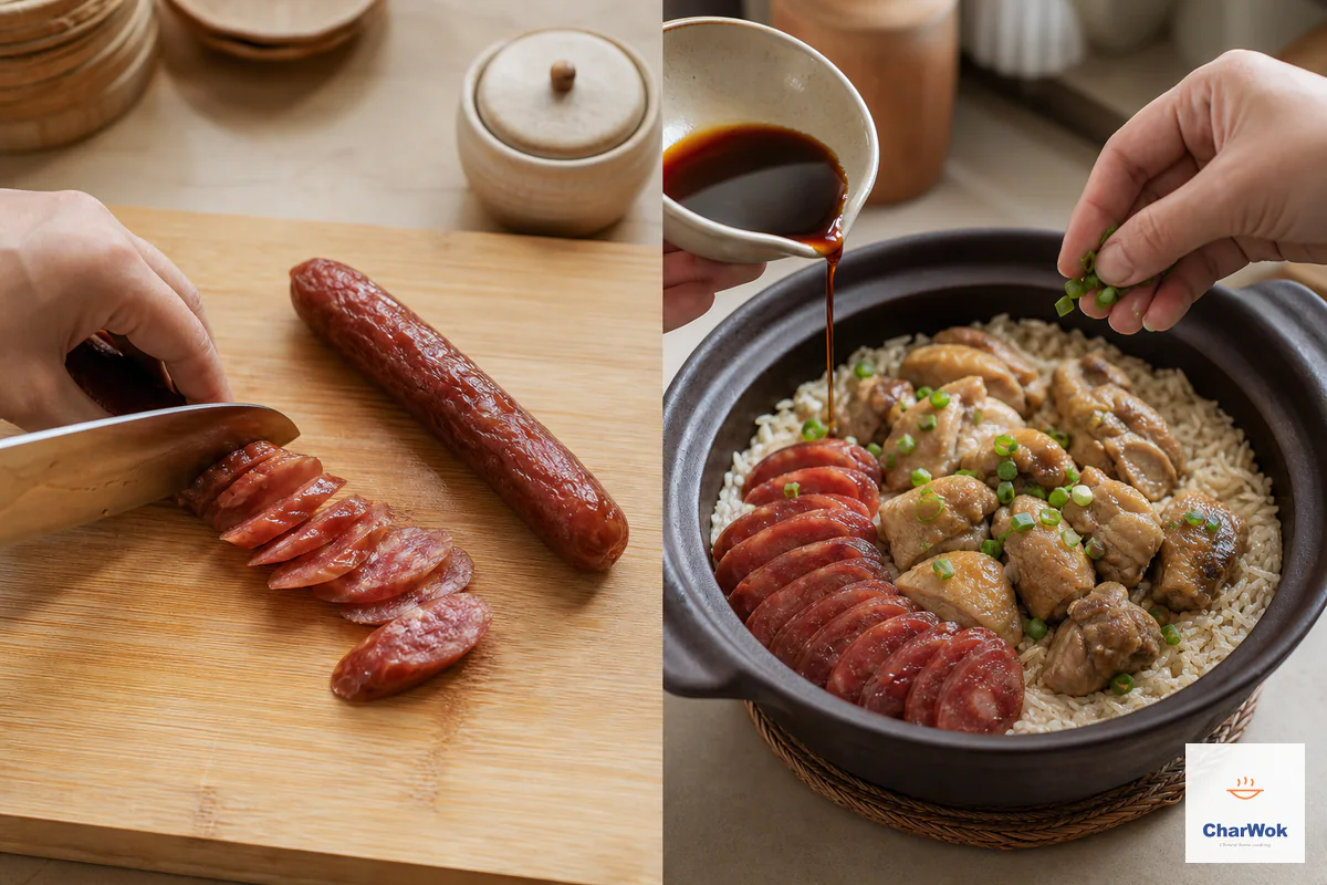 Two panels show two cooked lap cheong cut into diagonal slices and the slices returned beside cooked ginger chicken while finishing sauce pours and scallion falls over the rice