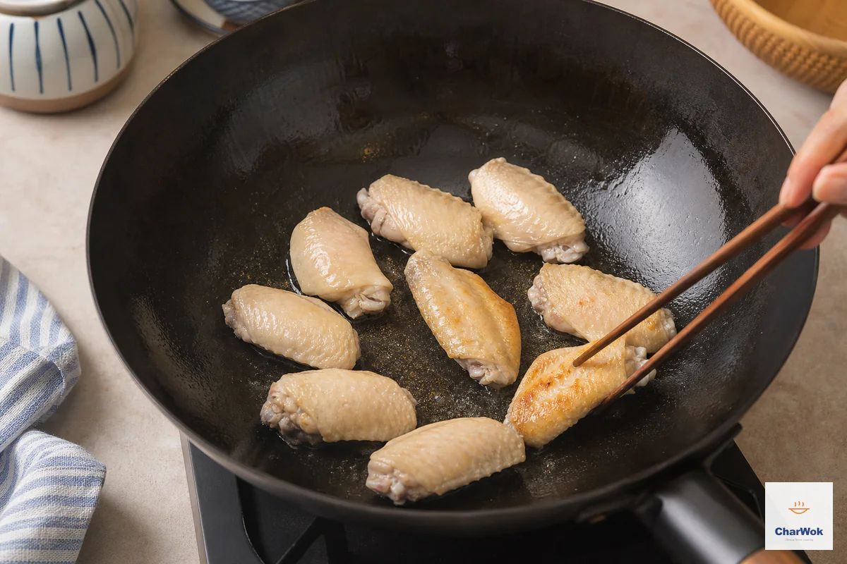 Chicken wing sections sear skin-side down in one uncrowded wok layer while chopsticks flip one piece to reveal light-golden skin