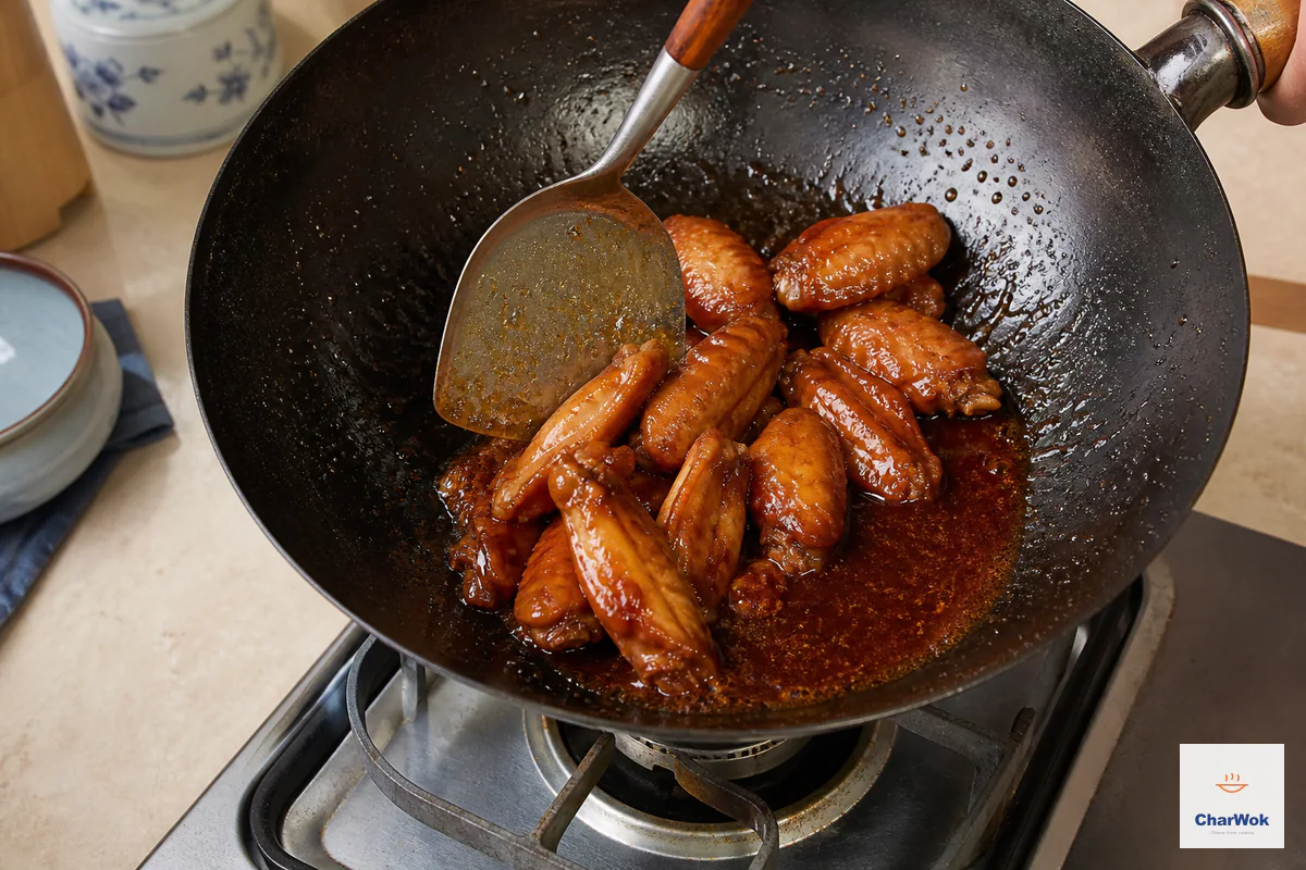 A wok spatula turns cooked wings through a thin glossy red-amber glaze that still flows in a shallow pool as the wok leaves the flame