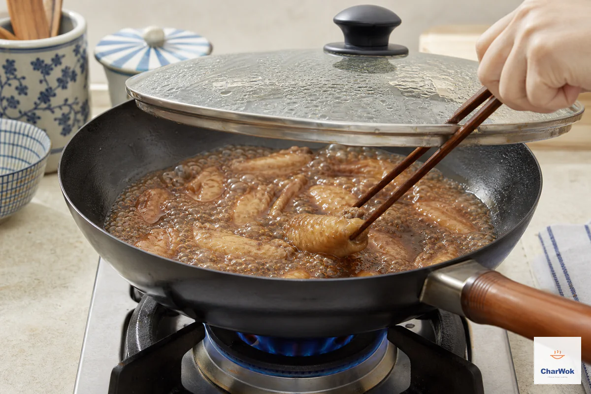 A glass-covered wok keeps chicken wings at a continuous active boil over a steady medium flame while chopsticks flip one halfway through