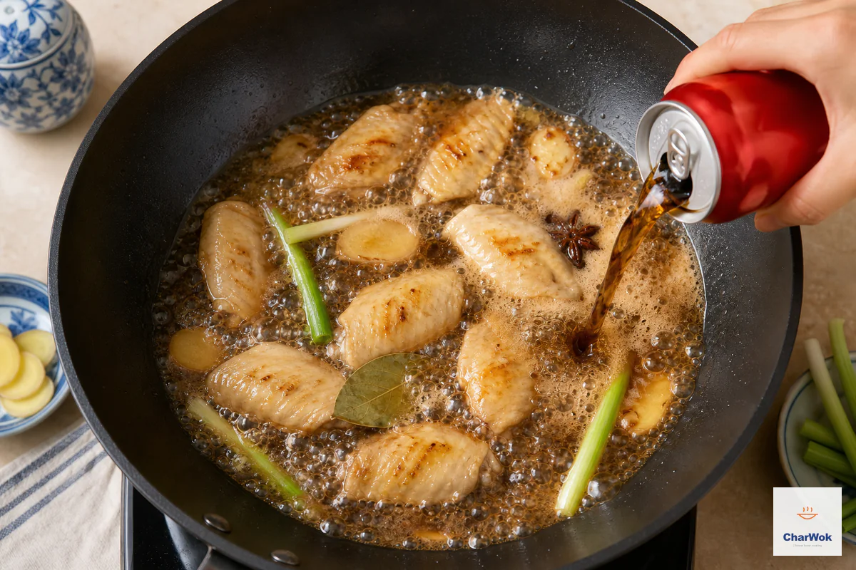 Cola pours from a plain red can into lightly browned wings with ginger, scallion, star anise and bay leaf as thin liquid foams at a rolling boil