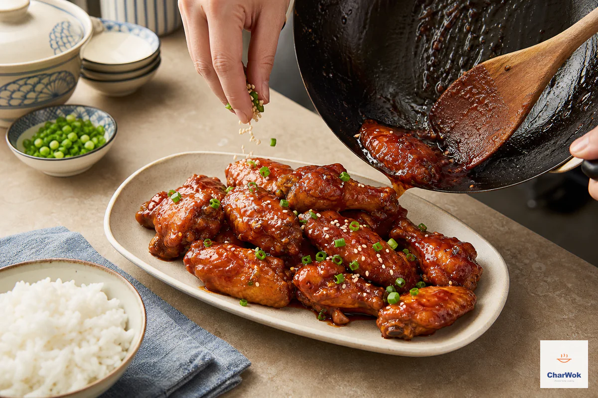 Glossy cola chicken wings slide from a wok onto a cream platter as toasted sesame and chopped scallion fall over the hot glaze beside white rice