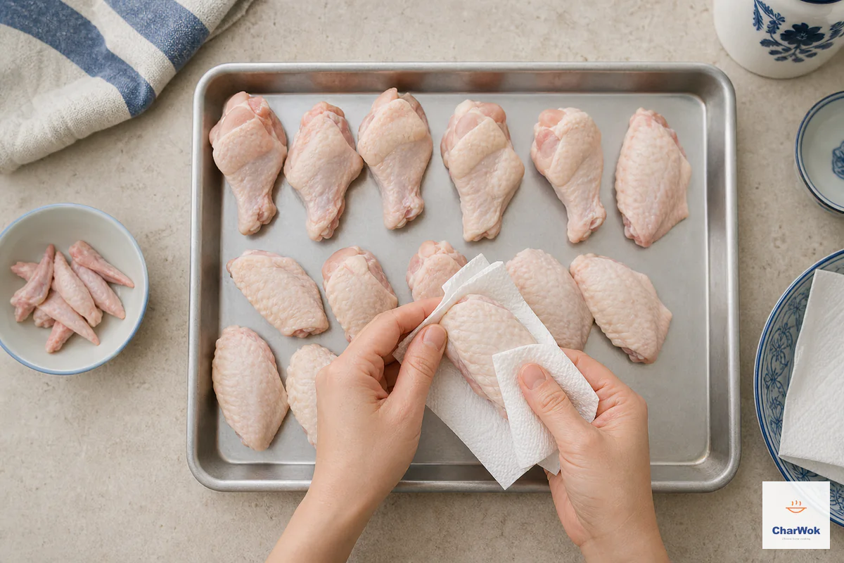 Separated raw chicken wing drumettes and flats are pressed thoroughly dry with paper towels while the removed wing tips sit in a discard bowl