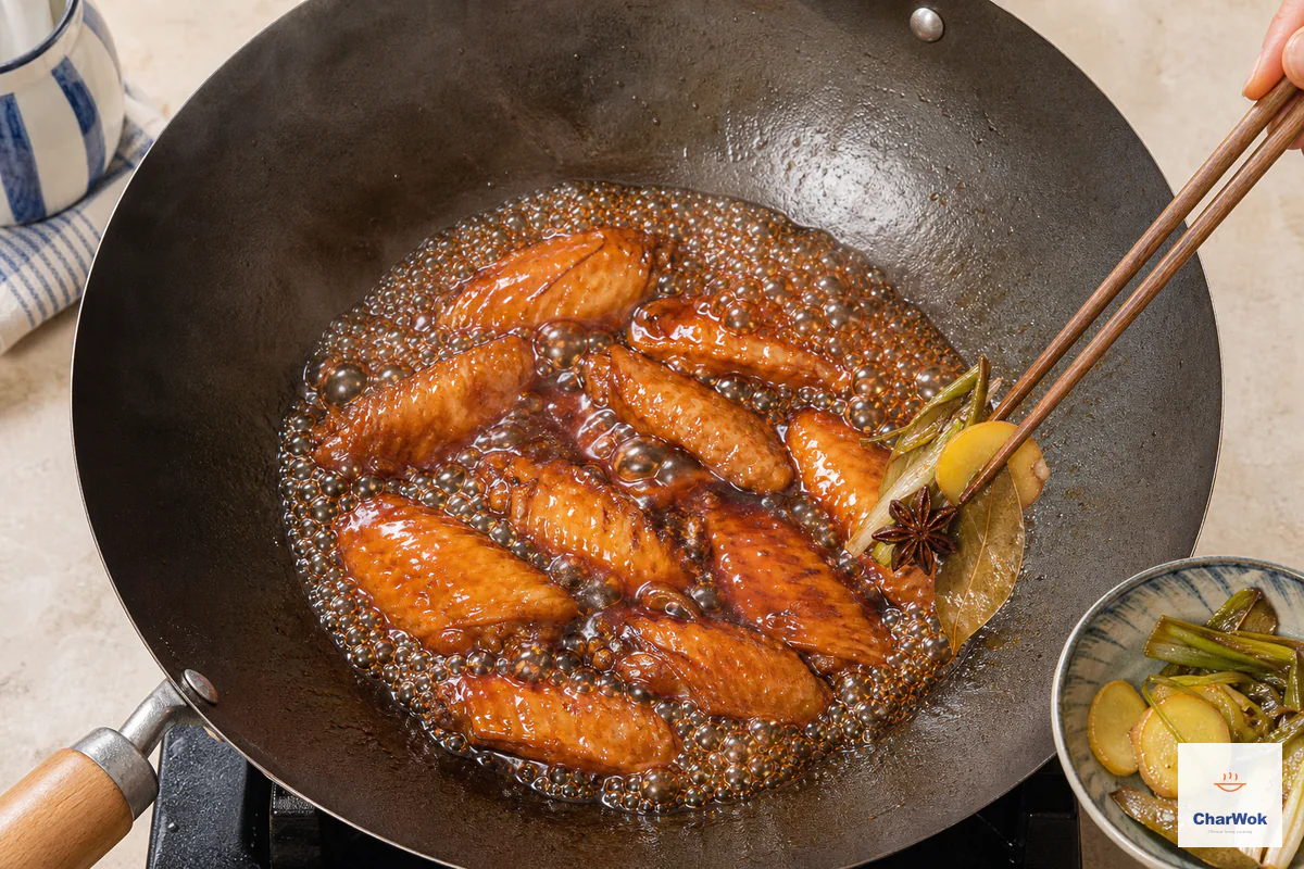 Chopsticks lift ginger, scallion, star anise and bay leaf from cooked wings while the uncovered cola liquid boils hard and darkens red amber