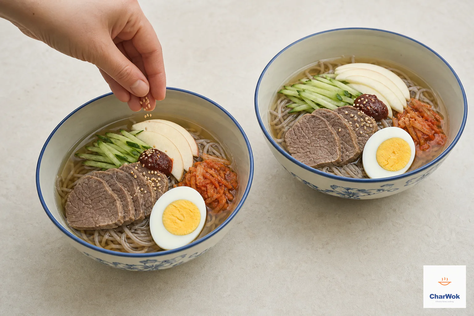 Exactly two bowls of clear chilled broth and brown-grey soba are topped with beef, half an egg, apple, cucumber, kimchi, gochujang and sesame without ice cubes