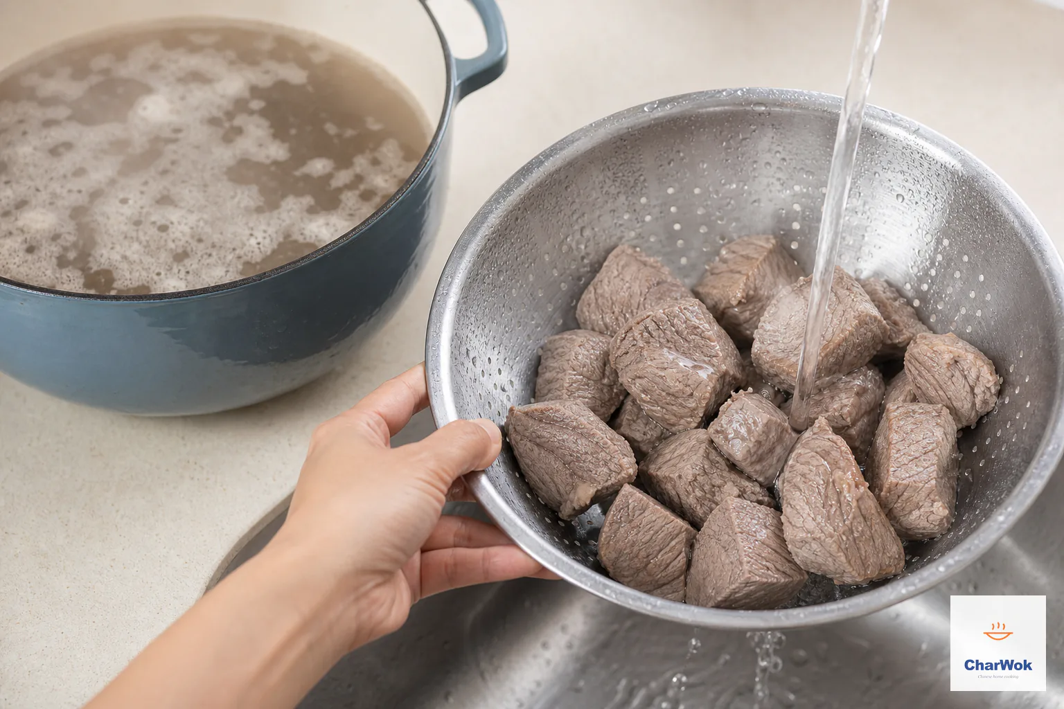Boneless beef-shank chunks are rinsed clean in a metal colander beside discarded blanching water covered with grey foam