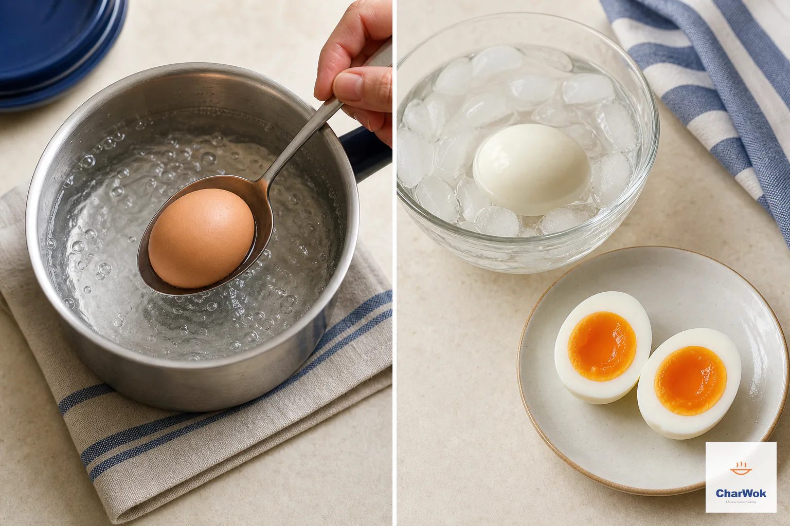 A two-panel sequence shows an egg lowered into boiling water and then cooled in ice water, peeled and halved to reveal a set jammy orange center