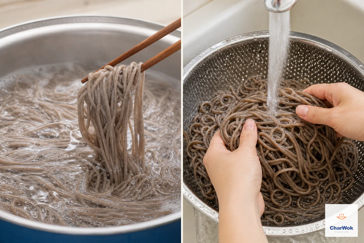 Two panels show opaque brown-grey buckwheat soba boiling freely and then being worked apart by hand under cold running water in a colander