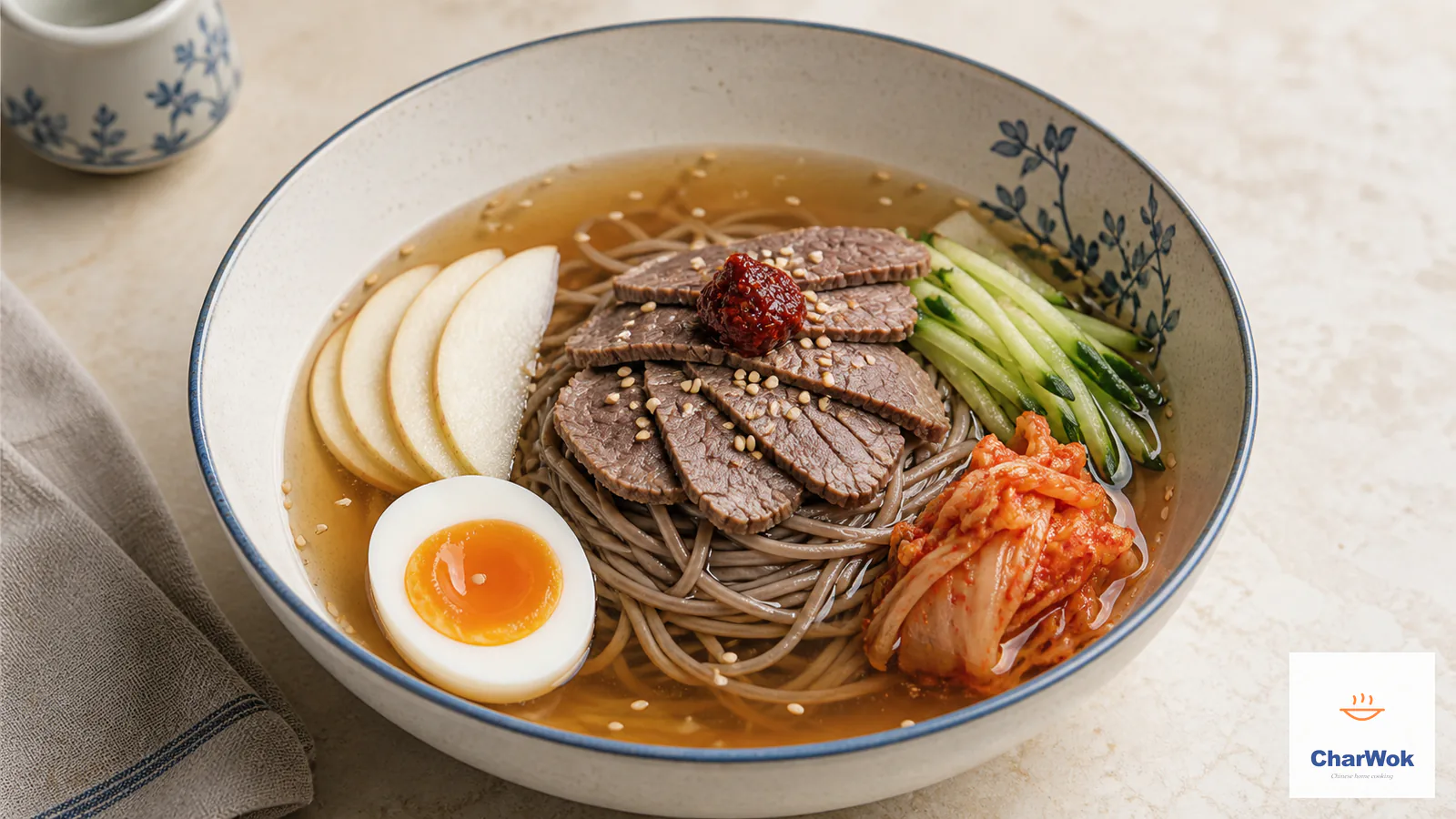 Yanji cold soba noodles with sliced beef, egg, apple, cucumber and kimchi in clear chilled broth