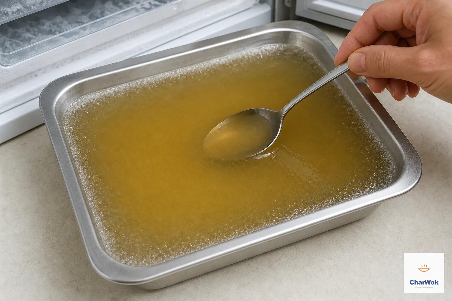 Clear pale-amber beef broth remains liquid in a shallow metal container while only a thin fringe of tiny ice crystals forms around the edge