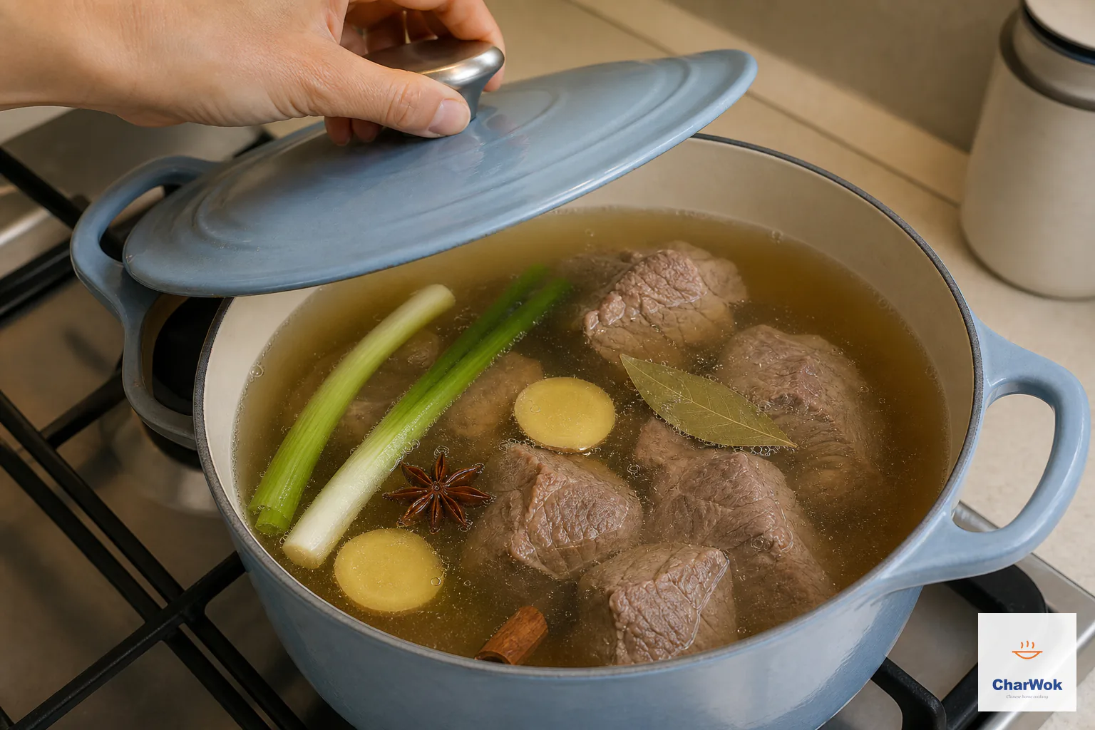 Boneless beef shank, scallions, ginger, star anise, cassia and bay leaf sit in clear pale-amber broth with only a few tiny surface bubbles