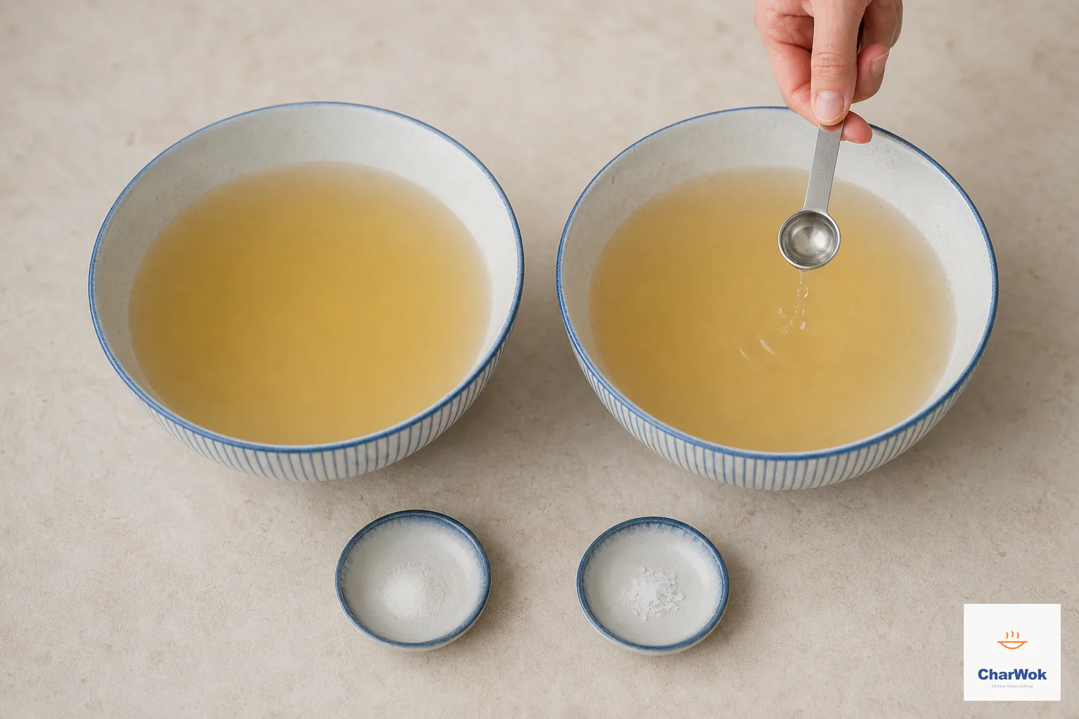 Exactly two large bowls contain only clear chilled beef broth while a measuring teaspoon adds white rice vinegar beside small pinches of sugar and salt