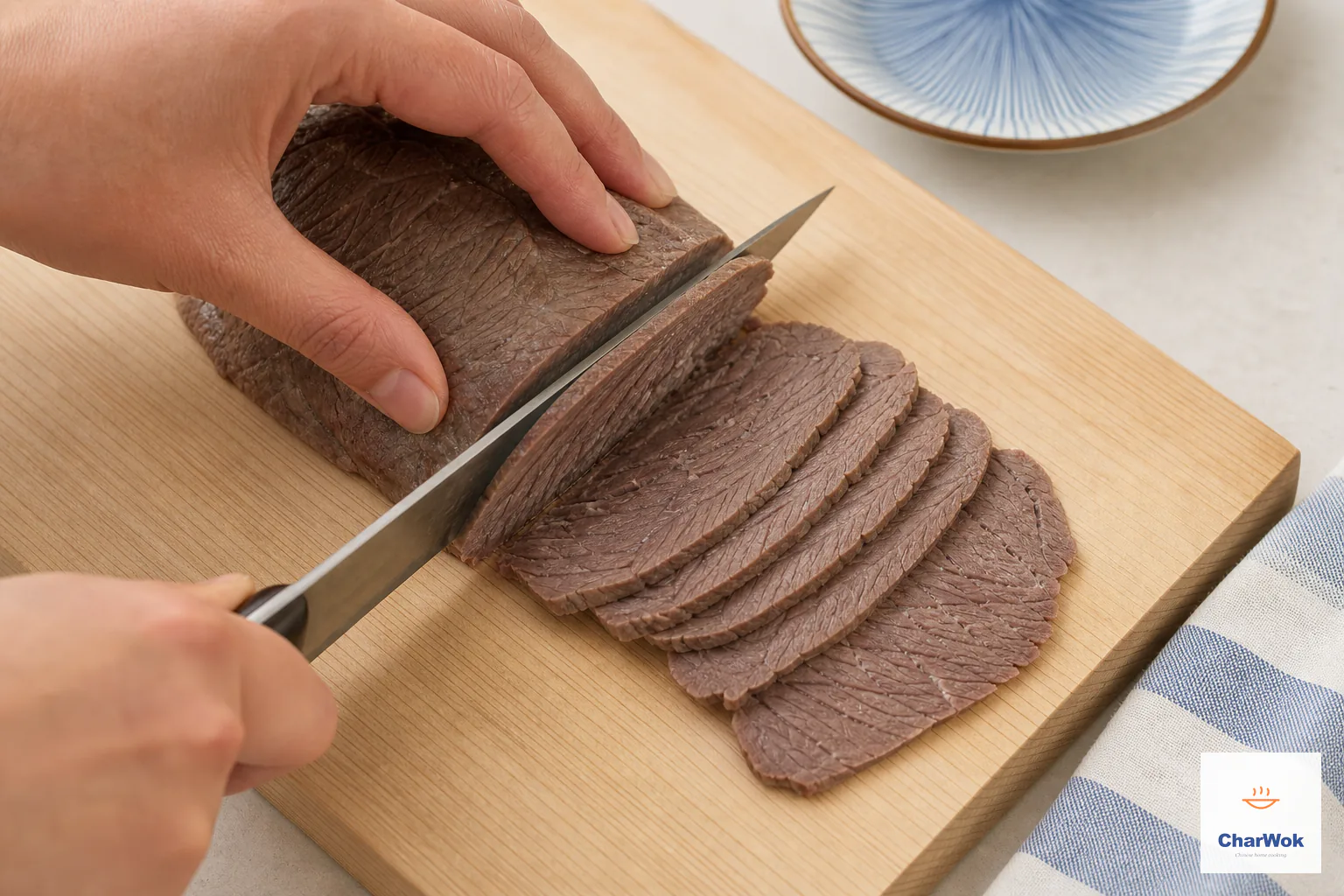 A sharp chef knife cuts firm chilled boneless beef shank across the grain into intact slices about two millimeters thick