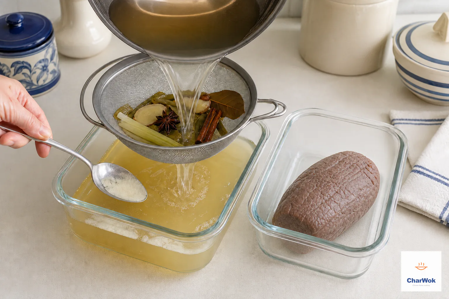 A fine sieve catches the spent aromatics while clear beef broth and one intact boneless cooked shank are transferred to separate glass containers and firm fat is skimmed