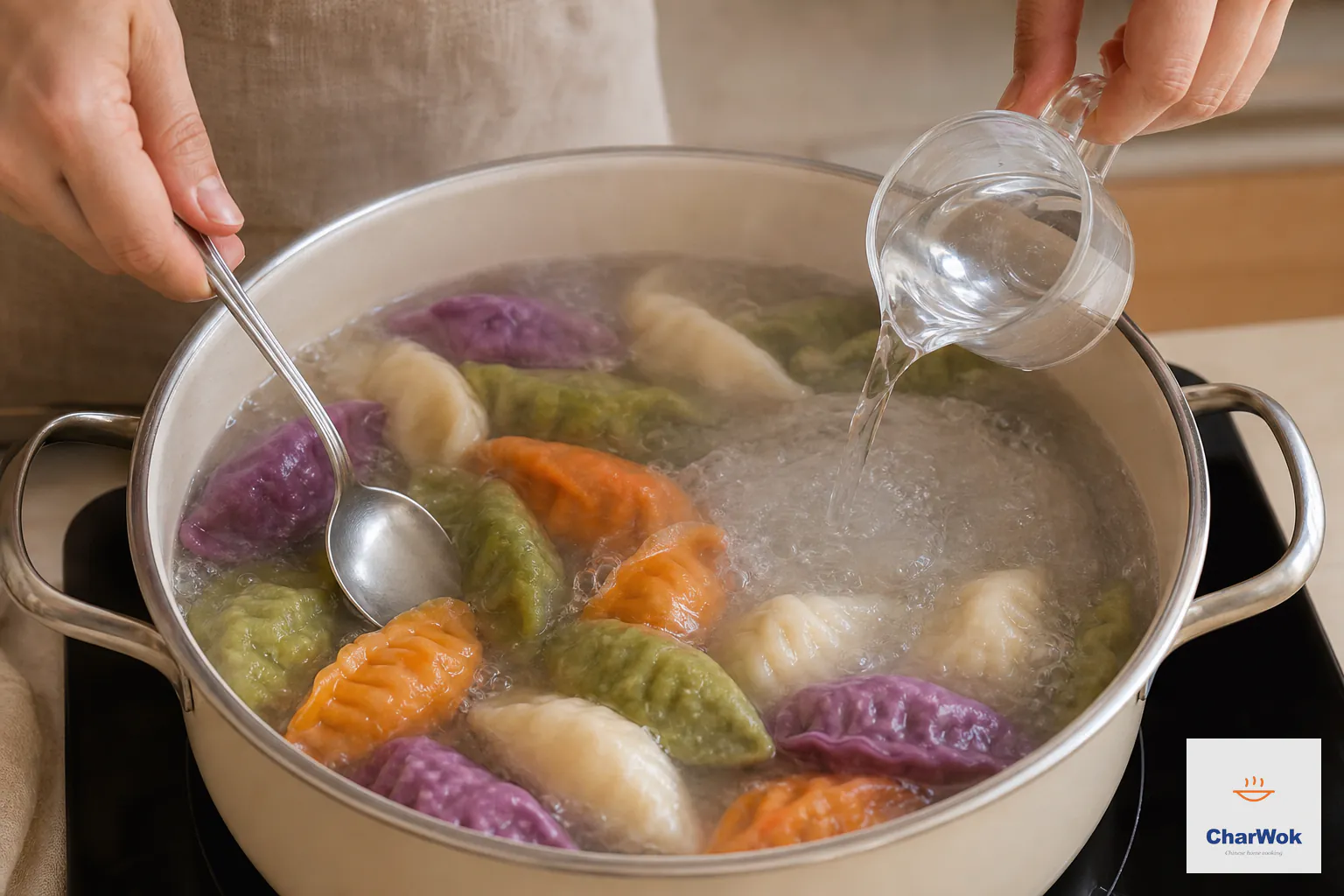 Clear cold water pours into a large pot of floating green, orange, purple and ivory dumplings while the back of a spoon keeps them from sticking