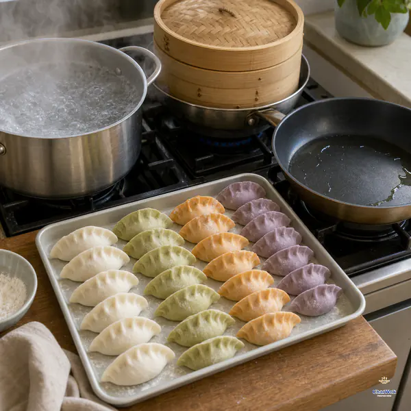 白、菠菜绿、胡萝卜橙与紫甘蓝紫生水饺放在托盘中央，周围同时备好大滚水锅、冒蒸汽竹蒸笼与薄油平底锅