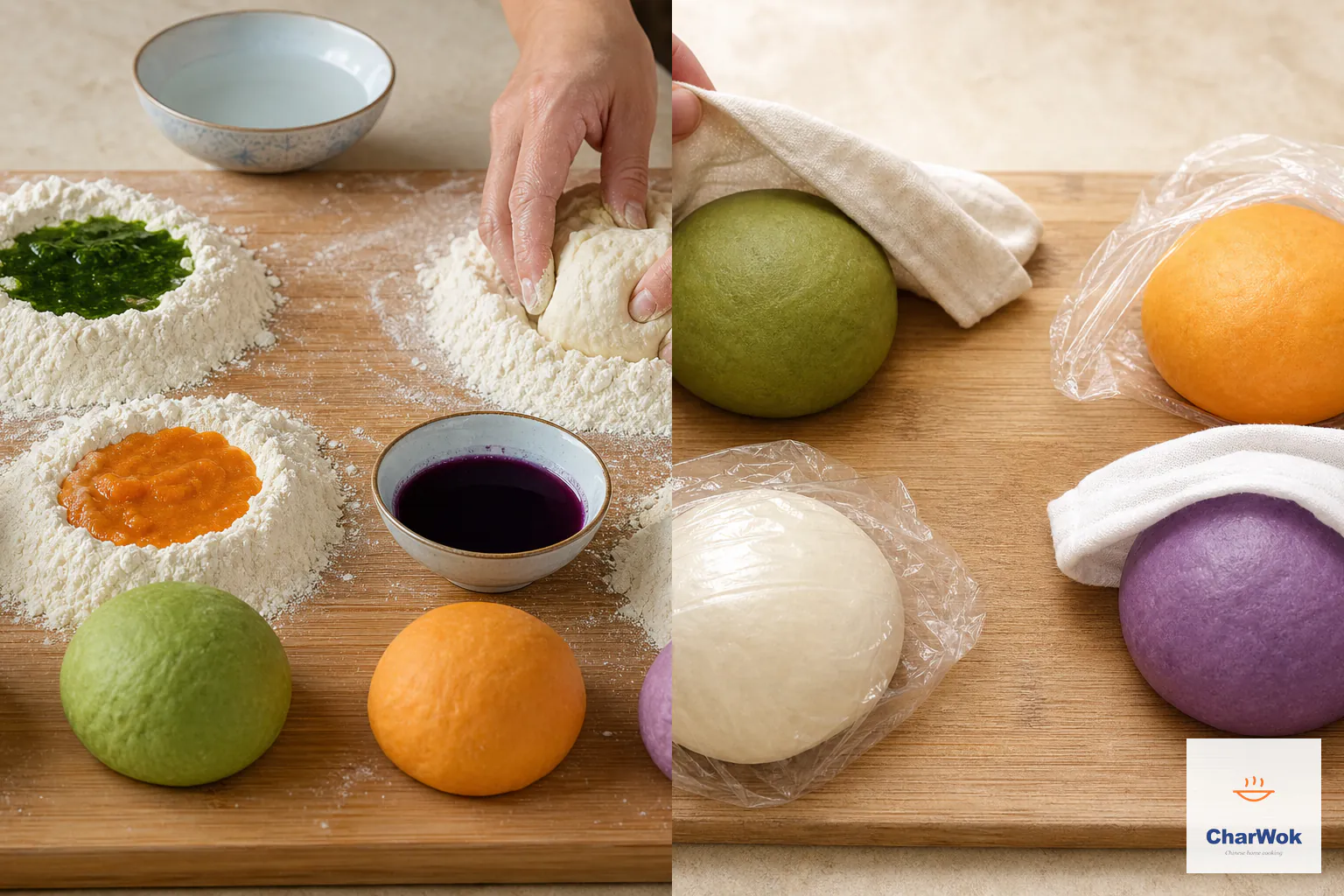 Two panels show flour mixed and kneaded with clear, spinach-green, carrot-orange and cabbage-purple liquids, then four smooth dough balls resting separately under cloth or wrap