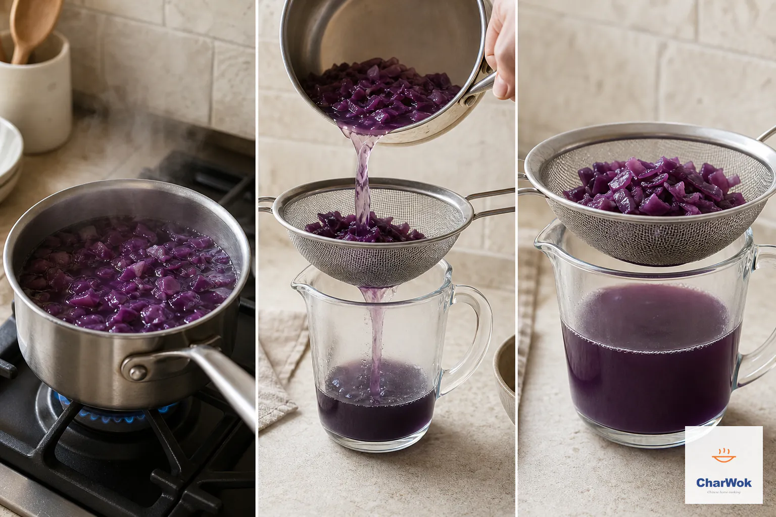 Three stages show chopped red cabbage simmering gently and draining through a fine sieve into a measuring jug of intense natural purple liquid